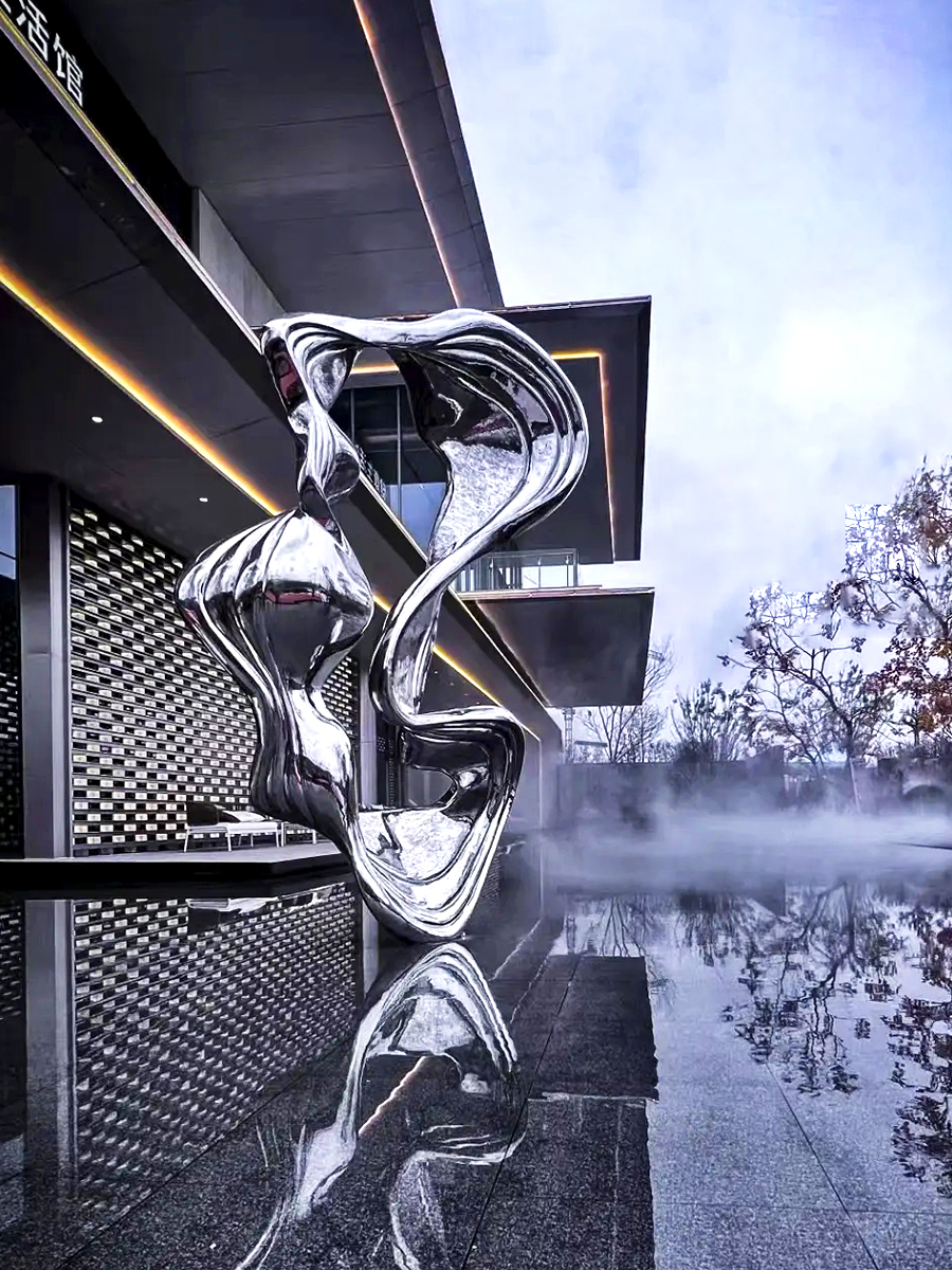 Stainless steel abstract ribbon art sculpture, waterscape sculpture