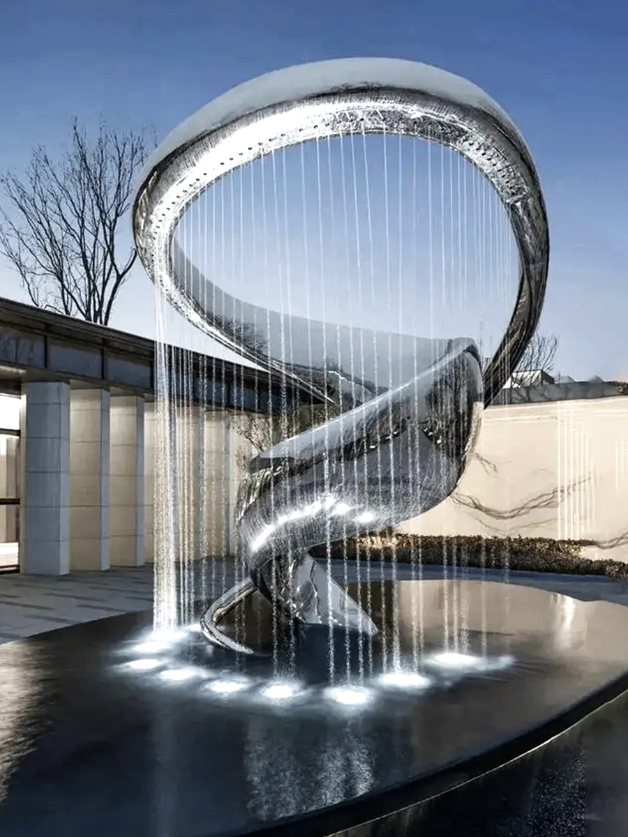 Stainless steel abstract ribbon art sculpture, waterscape sculpture