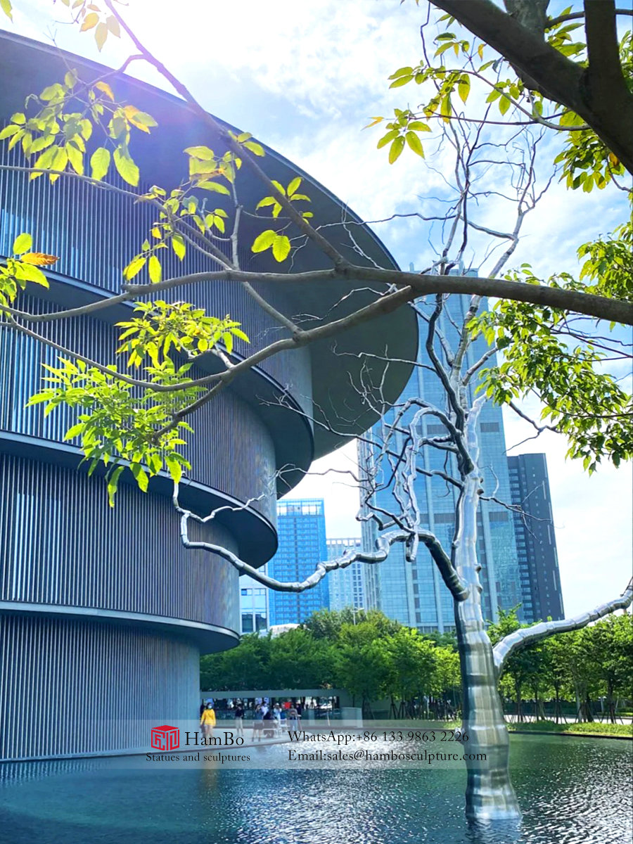 Stainless steel tree sculpture in square